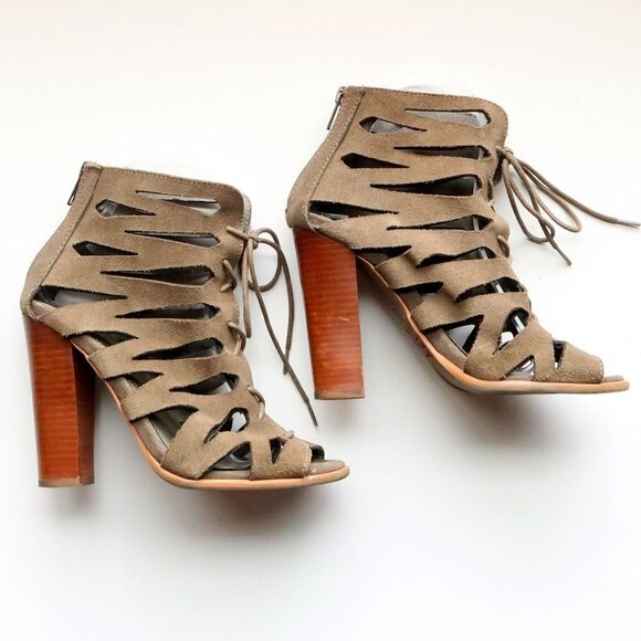 MIA Military Green Suede Leather Peep Toe Cutout Lace-up Heels Bootie Shoes 6 - Picture 12 of 16